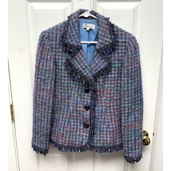 Designs by Seymour Blue Tweed Wool Blend Vintage Blazer, Weaved, Women’s Size 10 - Picture 1 of 8